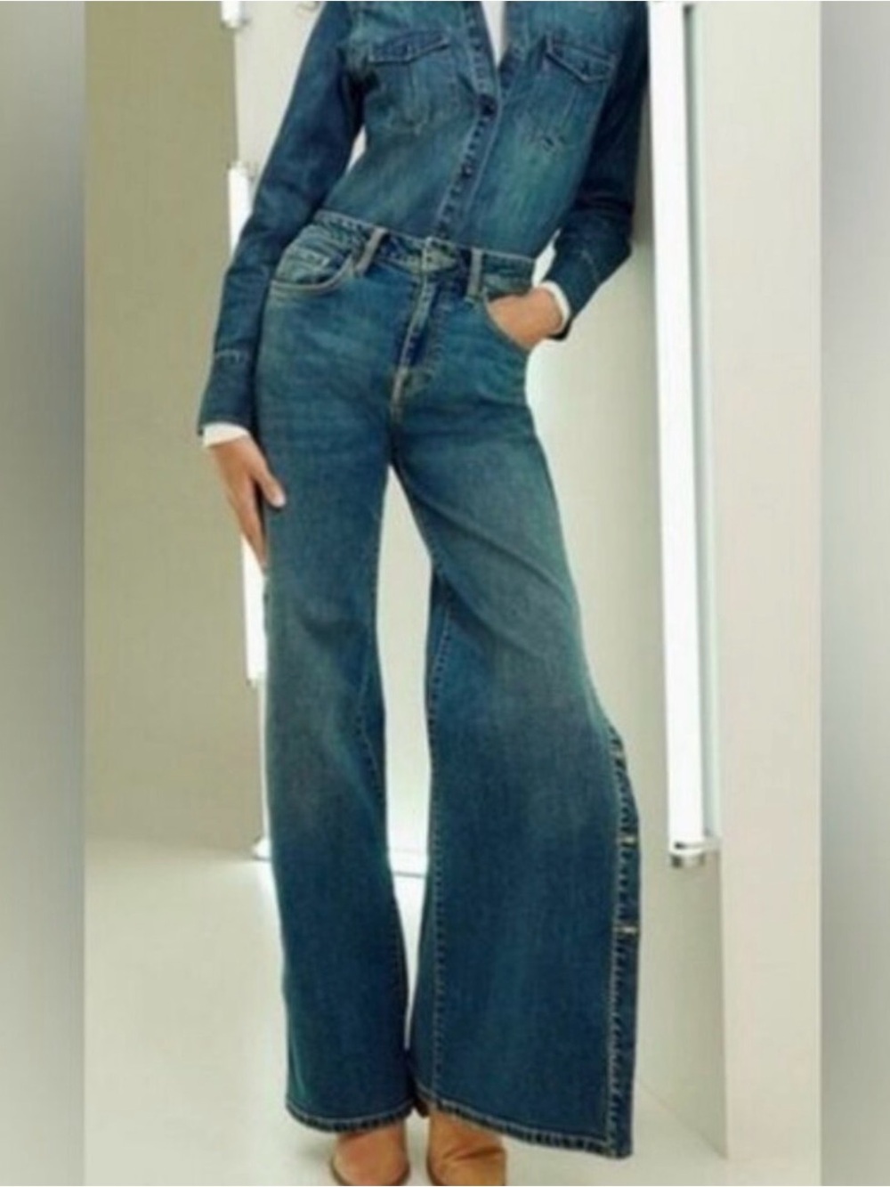 Nili Lotan Mid-Blue Wide-Leg Button-Side Jeans - Picture 2 of 7